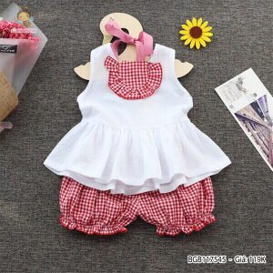 Set áo linen bèo túi trước quần bí caro dễ thương cho bé gái