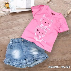 Áo thun mèo phối nơ quần jeans giả váy 3